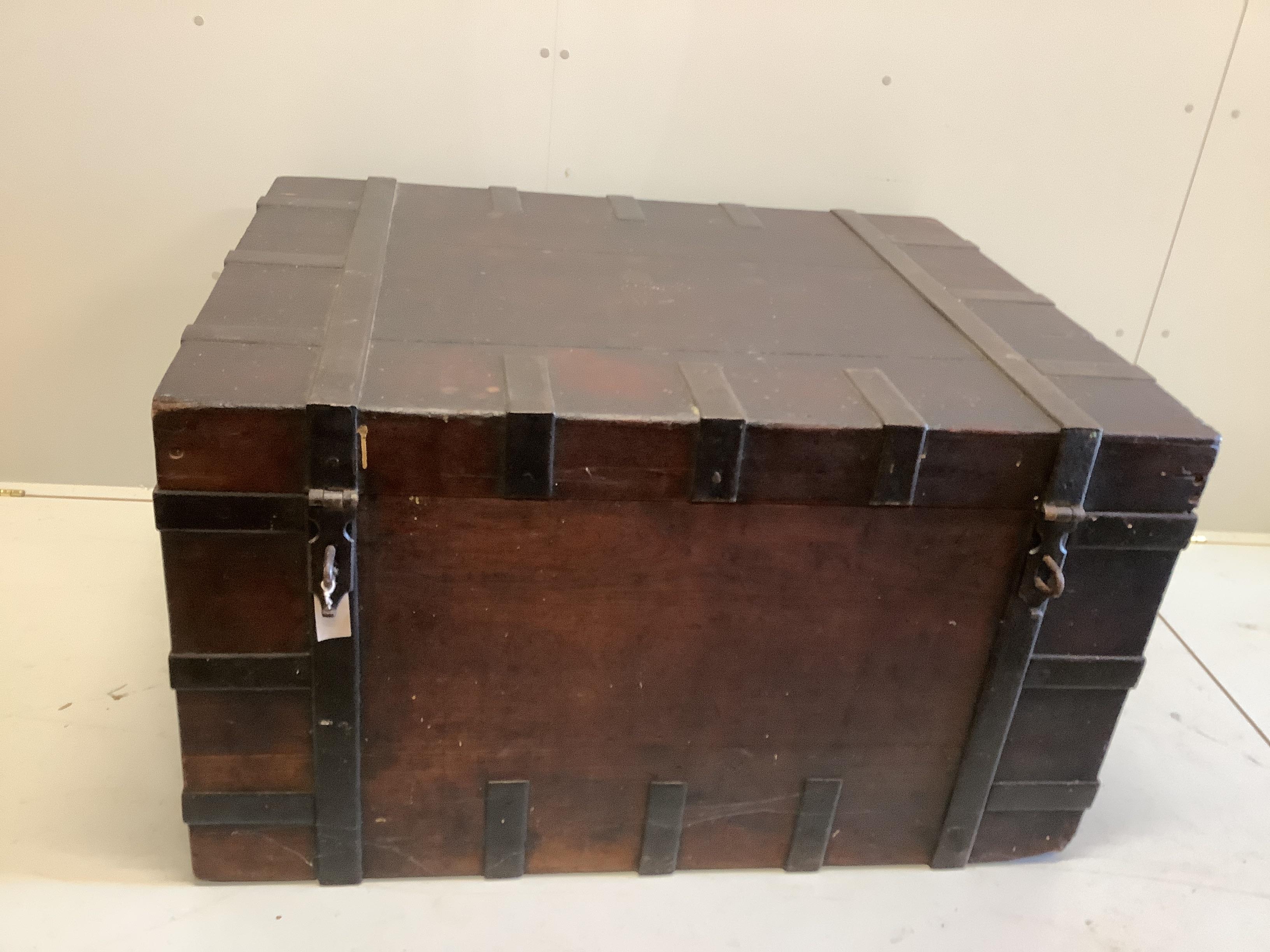 A large Victorian iron bound oak silver chest, width 117cm, depth 92cm, height 68cm